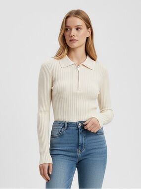 NWOT ✨ Zara Cream Ribbed Polo V-Neck Sweater with Zip Collar